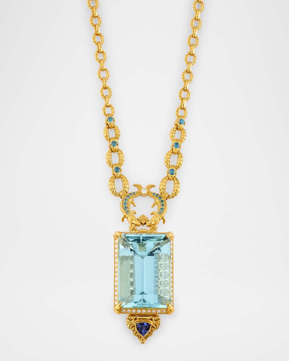 18K Yellow Gold Diamond, Aquamarine and Tanzanite Statement Necklace